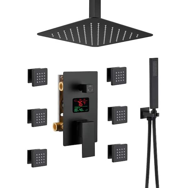 Unbranded LED Display 3 Spray Patterns 12 in. Ceiling Mount Fixed and Handheld Shower Head in Matte Black 2.5 GPM Valve Included
