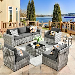 Crater Grey 8-Piece Wicker Wide-Plus Arm Patio Conversation Sofa Set with a Swivel Rocking Chair and Black Cushions