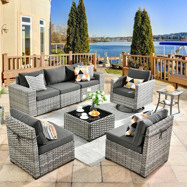 HOOOWOOO Crater Grey 8-Piece Wicker Wide-Plus Arm Patio Conversation Sofa Set with a Swivel Rocking Chair and Black Cushions