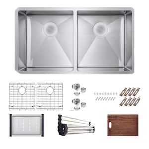 Bryn Stainless Steel 16-Gauge 33 in. Double Bowl Undermount Kitchen Sink Workstation with Bottom Grid, Drain