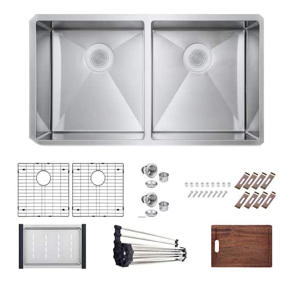 PELHAM & WHITE Bryn Stainless Steel 16-Gauge 33 in. Double Bowl Undermount Kitchen Sink Workstation with Bottom Grid, Drain