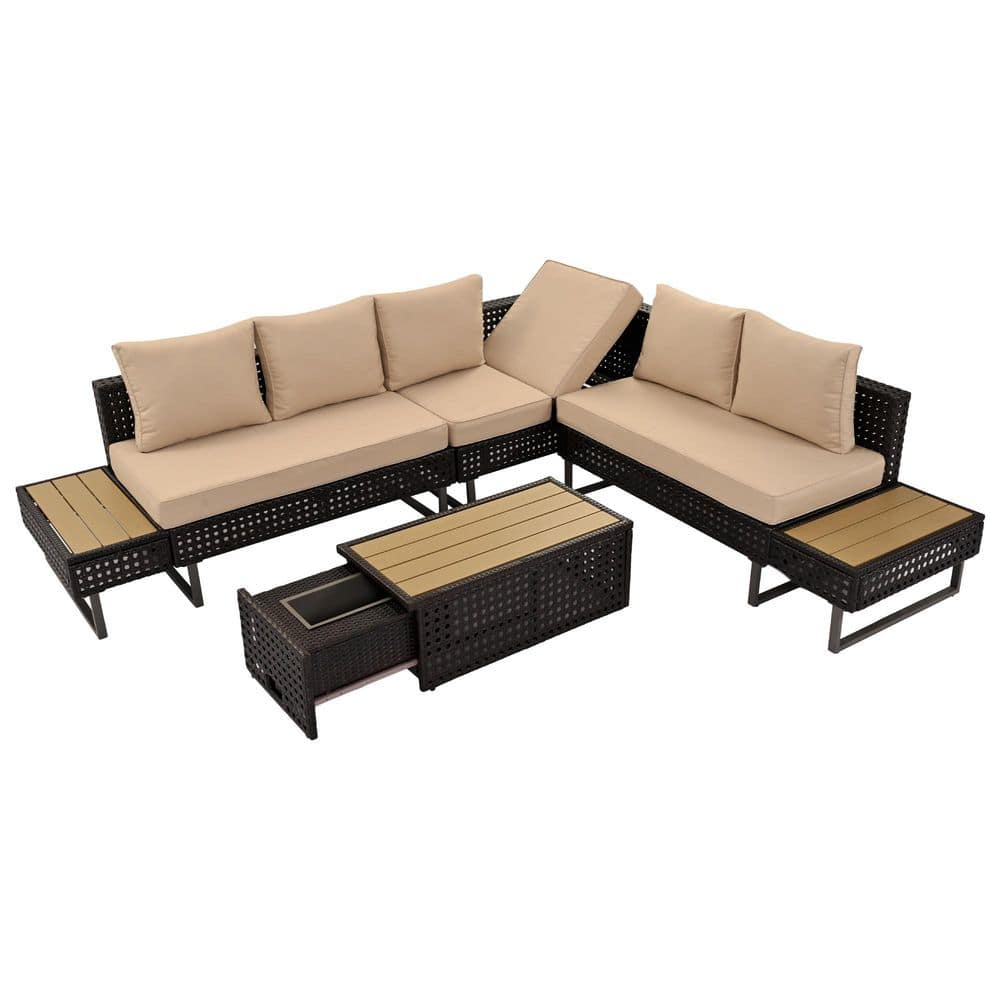 6-Piece Diamond Weave Gray Metal Outdoor Sectional Set with Extendable Coff