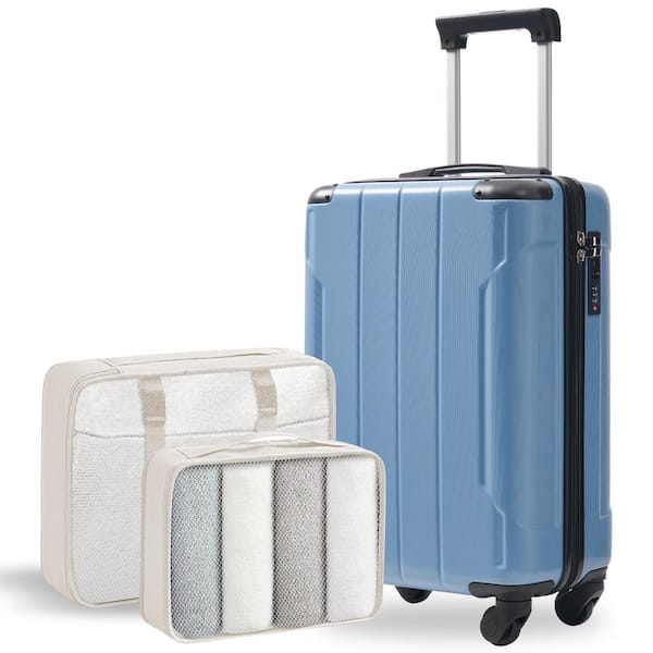 2 Bags 2-Piece Blue Gray ABS Hardshell Spinner 20 Luggage Set with 2 Packing Cubes, 3 Digit TSA Lock
