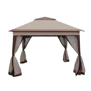 11 ft. x 11 ft. Coffee Steel Pop Up Portable Gazebo Outdoor Patio Canopy Soft Top with Removable Zipper Netting (2-Tier)