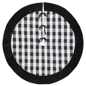 48 in. Black and White Buffalo Plaid Christmas Tree Skirt with Black Velvet Cuff