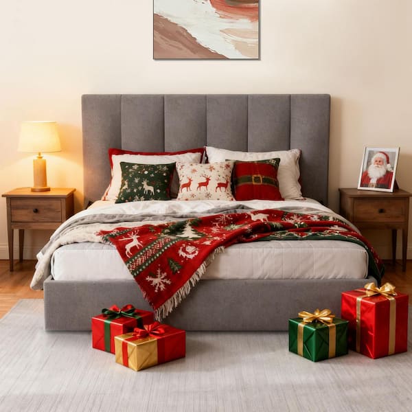 Ahokua Light Grey Plywood Frame King Size Linen Upholstered Platform Bed with Lifting Storage