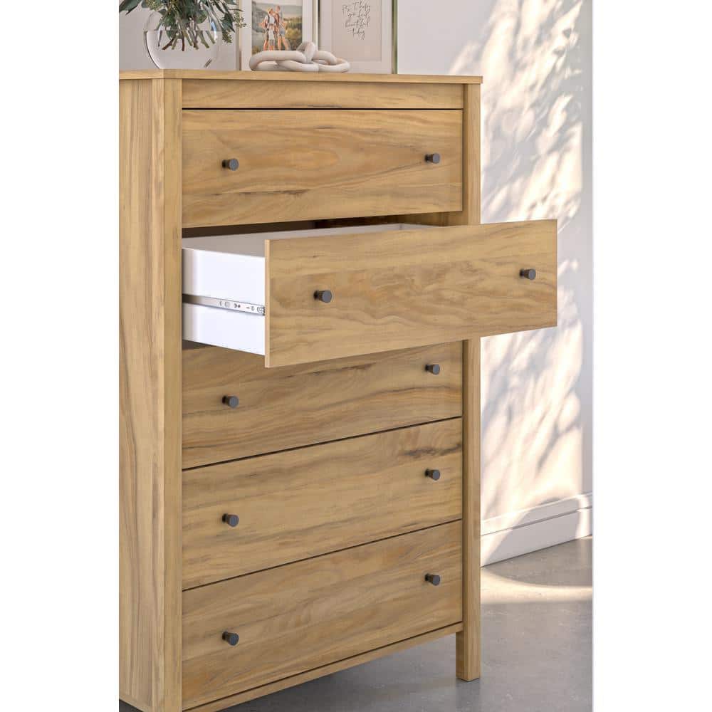 Light Brown 5-Drawer Tall Dresser with Dark Bronze Knobs