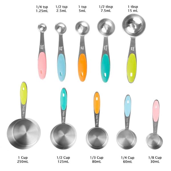 10 Piece Measuring Cups and Spoons Set in 18/8 Stainless Steel Measuring Cups and Measuring Spoons with Silicone Handle for Cooking and Baking Colorful 