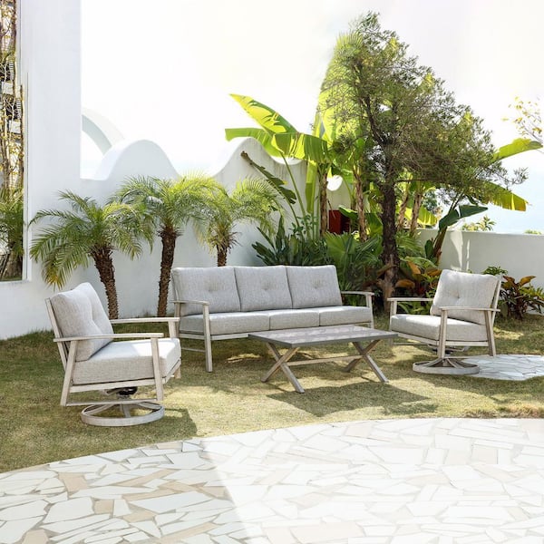 CikaCika Vintage Gray 4-Piece Aluminum Outdoor Patio Conversation Swivel Sofa Set with Coffee Table and Gray Cushions