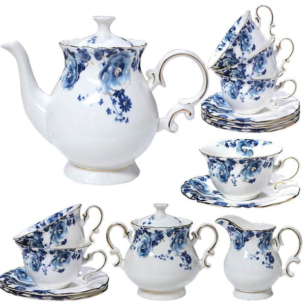 Accent Plate Ceramic 21-Piece Bone China 6-Cup Blue Floral Vintage Style Porcelain Tea Set with Teapot and Saucers