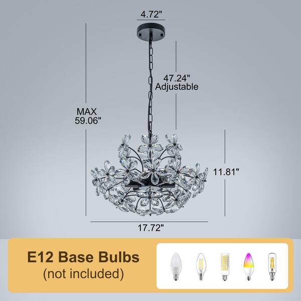 TinHon 6-Light Modern Black Crystal Flower Chandelier with Clear