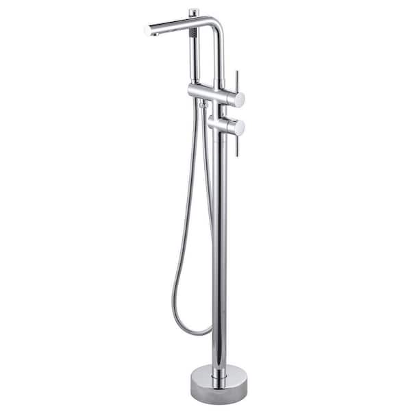 Single Handle Brass Freestanding Bathtub Faucet Floor Mount Tub Filler with Handheld Shower in Polished Chrome