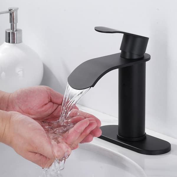4 in. Centerset Single Handle High Arc Waterfall Bathroom Faucet with Pop Up Drain and Supply Lines in Matte Black