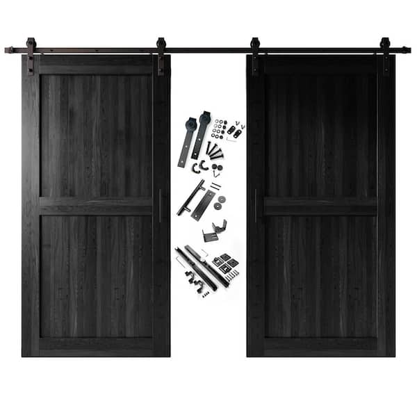 HOMACER 42 in. x 96 in. H-Frame Black Double Pine Wood Interior Sliding Barn Door with Hardware Kit, Non-Bypass