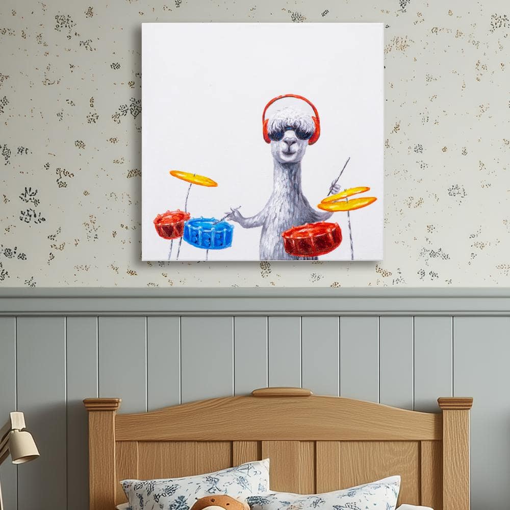 Charming Llama Playing Drums Canvas Wall Art, 20" x 20"