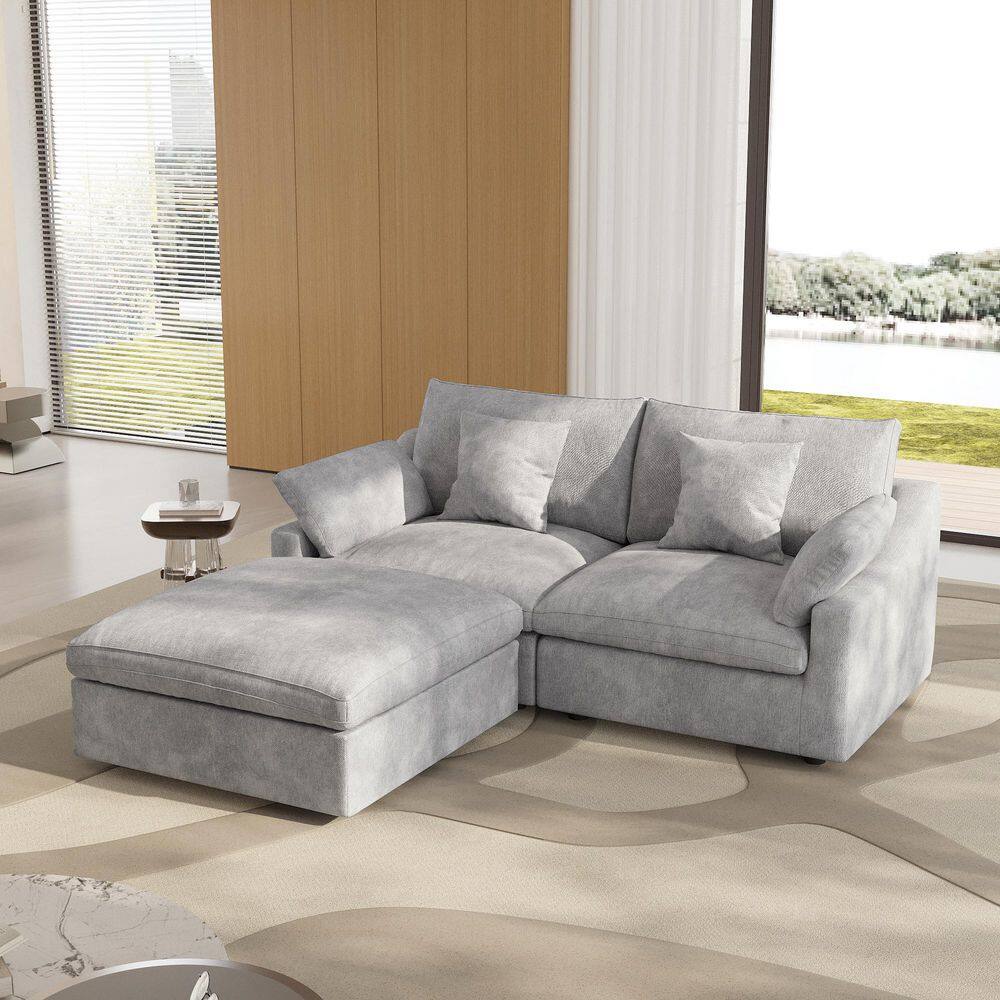 118.11 in. Slope Arm 3-Piece Deep Seat Down Linen Modular Sectional Sofa Free Combination with Removable Cover in Gray