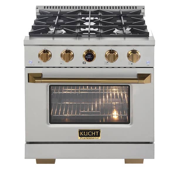 Kucht 30 in. 4.2 cu.ft. 4-Burners Dual Fuel Range Natural Gas in Stainless Steel with Gold Accents and Digital Dial Thermostat