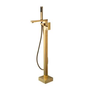 Neptune Single-Handle Floor Mount Freestanding Tub Filler Faucet with Square Hand Held Shower in Brushed Gold