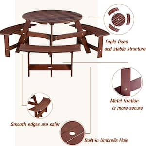 63 in. W x 63 in. D x 27.5 in. H 6-Person Brown Picnic Tables Kit 3 Built-in Benches, with Umbrella Hole