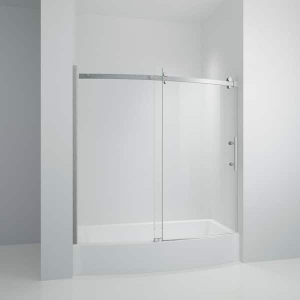 Dimakai 60 in. W x 58.5 in. H Sliding Frameless Sliding Bathtub Door/Enclosure in Brushed Nickel with Handle