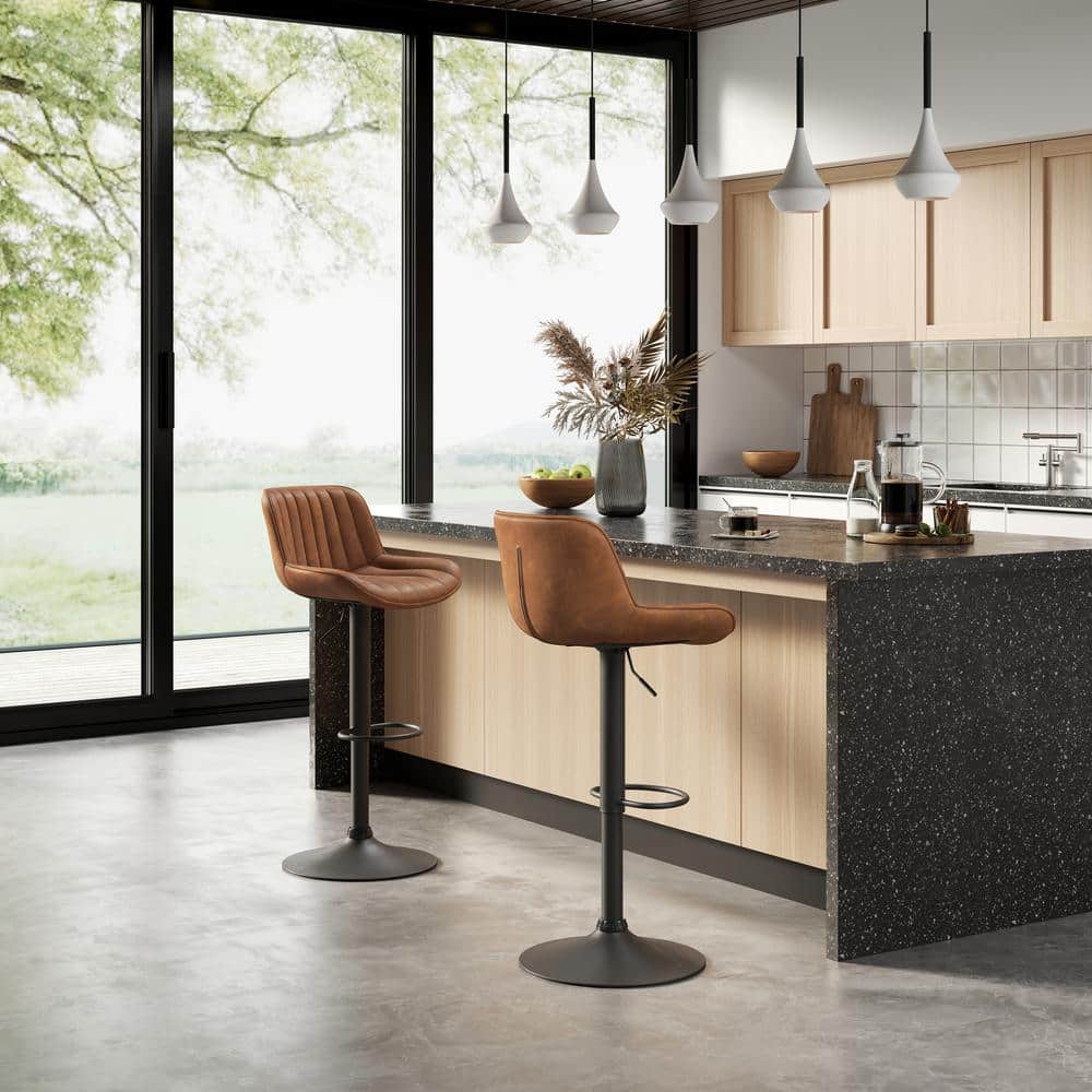 Cognac Faux Leather Adjustable Swivel Bar Stools with Black Base, Set of 2