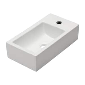 18 in. White Ceramic Rectangular Wall-Mounted Bath Vanity Small Vessel Sink Single Bowl with Right Side 1-Faucet Hole