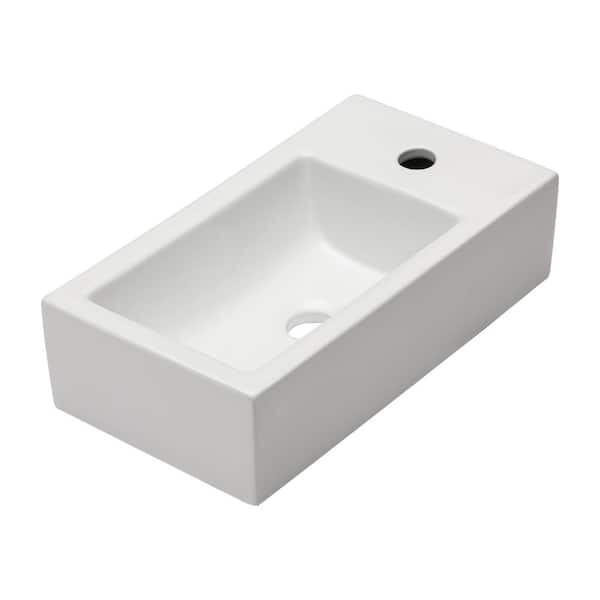 Sarlai 18 in. White Ceramic Rectangular Wall-Mounted Bath Vanity Small Vessel Sink Single Bowl with Right Side 1-Faucet Hole