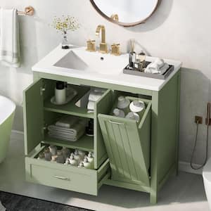 36 in. W x 18.3 in. D x 33.9 in. H Single Sink Freestanding Bath Vanity in Green with White Ceramic Top and Storage