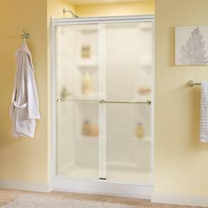 Crestfield 48 in. x 70 in. Semi-Frameless Traditional Sliding Shower Door in White and Brass with Niebla Glass