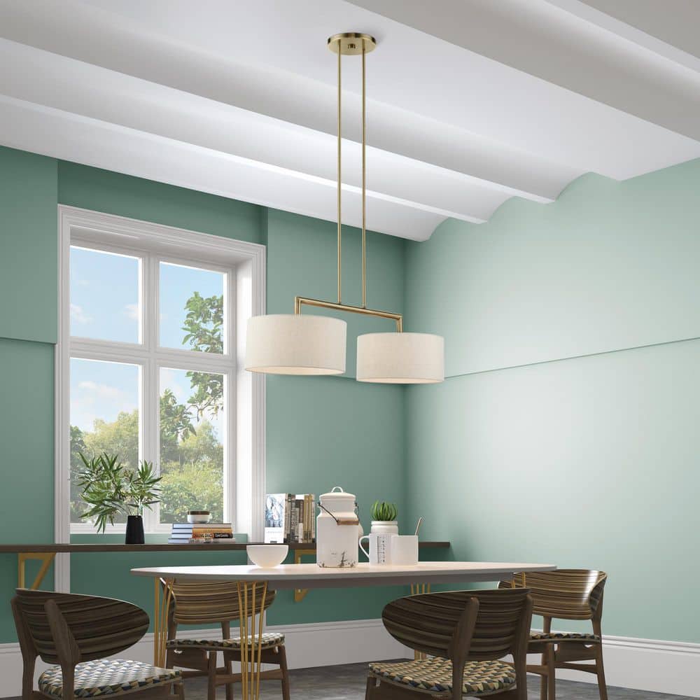 Antique Brass Dual-Light Linear Chandelier with Oatmeal Shades