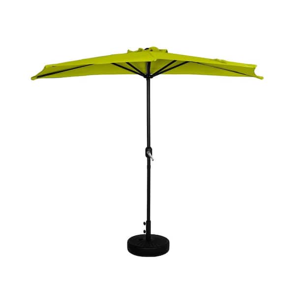 Fiji 9 ft. Lime Green Half Round Outdoor Patio Market Umbrella with Easy Crank Lift and Fillable Black Round Base