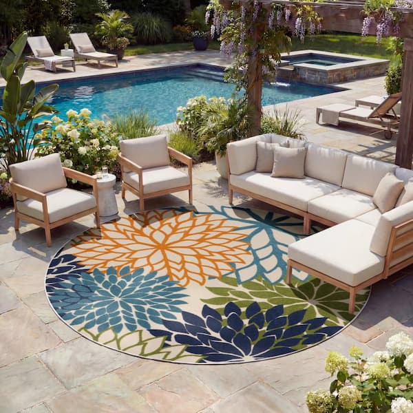 Aloha Multicolor 4 ft. x 4 ft. Round Floral Contemporary Indoor/Outdoor Patio Area Rug