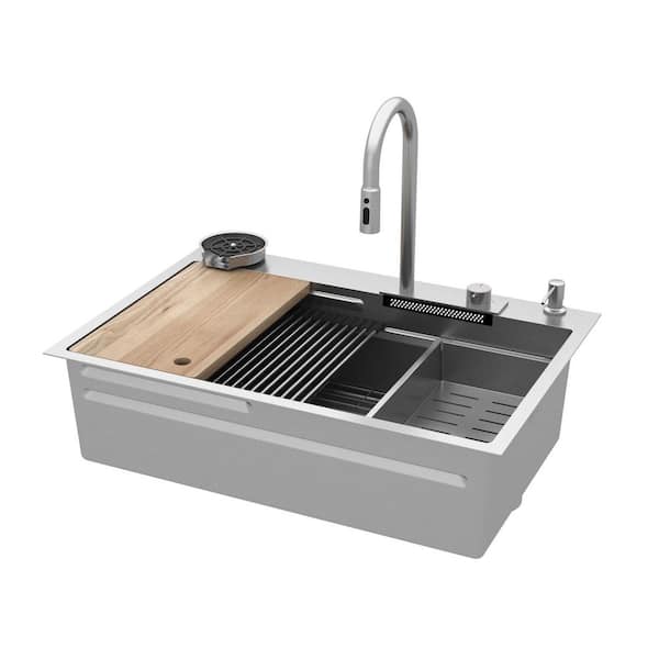 33.2 in. W Drop-In Single Bowl Silver Stainless Steel Kitchen Sink Workstation Set With Waterfall, Pull-Down Faucet
