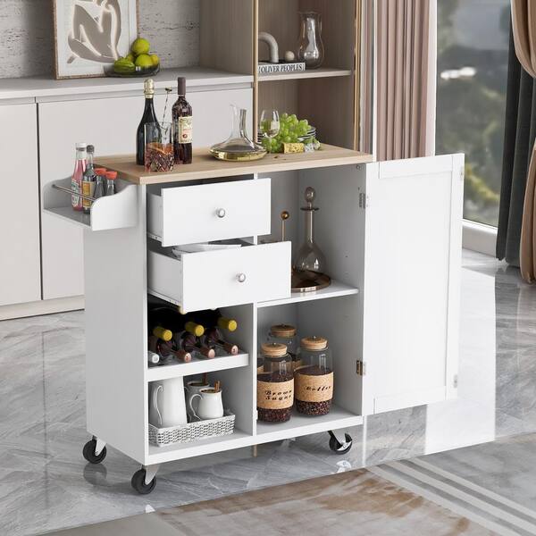 Polibi White Kitchen Cart with Spice Rack Towel Rack and 2