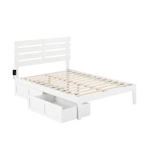 Oxford White Full Solid Wood Storage Platform Bed with USB Turbo Charger and 2 Drawers