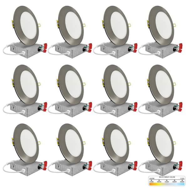 6 in. LED Brush Nickel Round Ultra Slim Canless Integrated LED Recessed Light Kit 5 CCT 2700K - 5000K Dimmable (12-Pack)