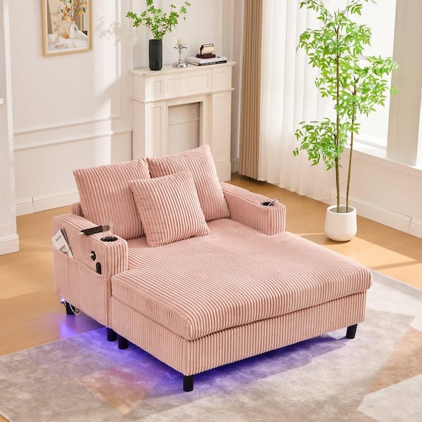 Ely Pink Chenille Upholstered Chaise Lounge Sofa with USB Charging, RGB Light Strip, Cup Holder, Side Pocket, Pillows