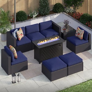 9-Piece Metal Patio Fire Pit Conversation Set Wicker Sectional Sofa with Blue Cushions