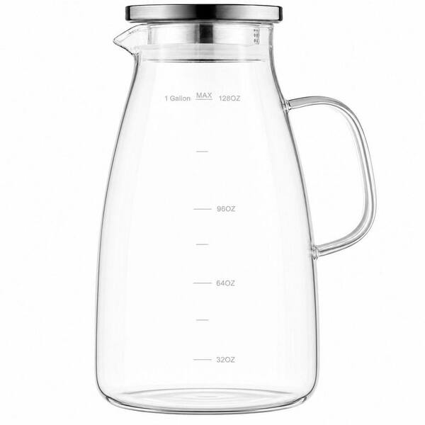 128 fl. oz. Glass Pitcher with Extra-Wide Mouth, Lid and Handle for Ice Tea, Coffee, Juice, Milk, Hot and Cold Drink