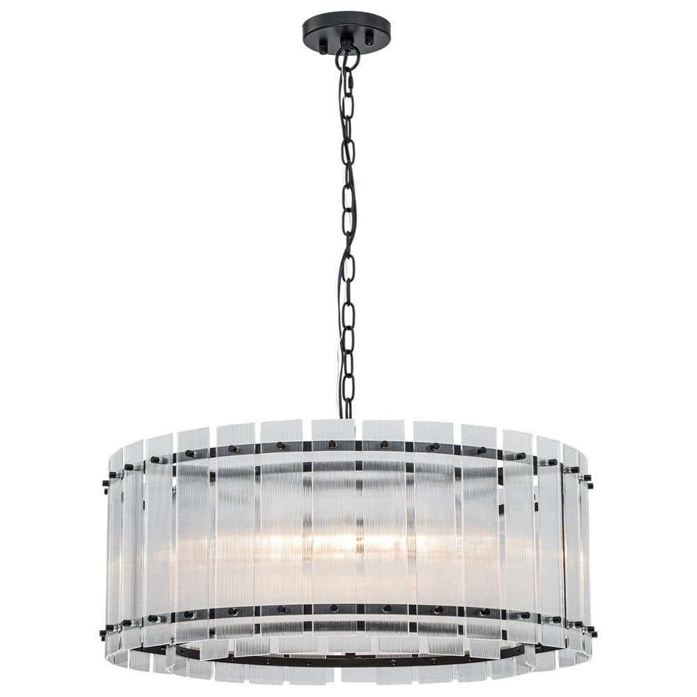 23.62 in. 6-Light Matte Black Iron Drum Chandelier with Tiered Ribbed Clear Glass for Dining Room price history on PriceWatchPro