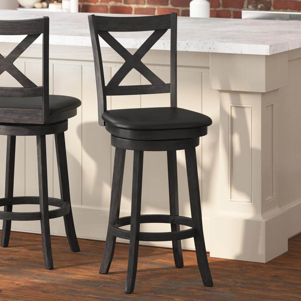 Gray Wash Walnut Crossback Swivel Bar Stool with Faux Leather Seat