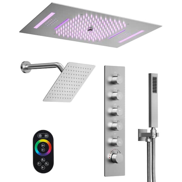 Aurora 23x15 in. Mood Light Speaker Shower System with 8 in. Shower Head, Handheld, Thermostatic Valve in Brushed Nickel