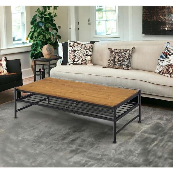 HomeRoots 47 in. Gold, Clear Rectangle Wood Coffee Table with Shelves, Storage