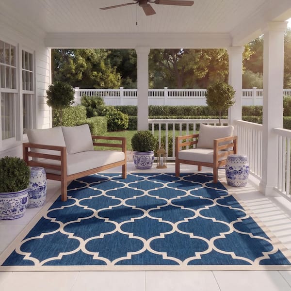 Courtyard Navy/Beige 8 ft. x 11 ft. Geometric Indoor/Outdoor Patio Area Rug