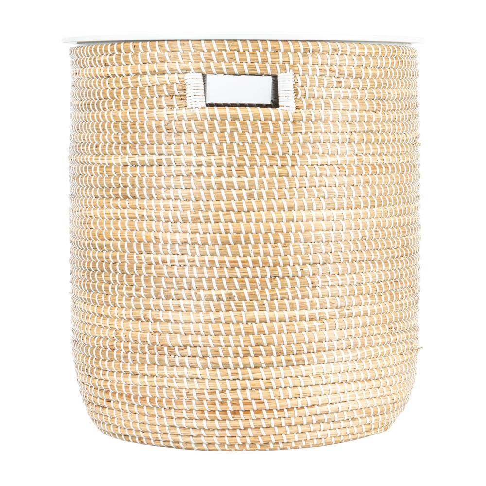 Natural Seagrass and White Wood Round Drum Side Table Set