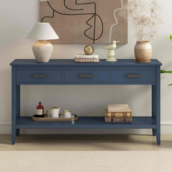Polibi 59.1 in. Navy Blue Rectangle Wood Console Table with 1-Shelf, Entrance Table for Entryway, Hallway, Living Room