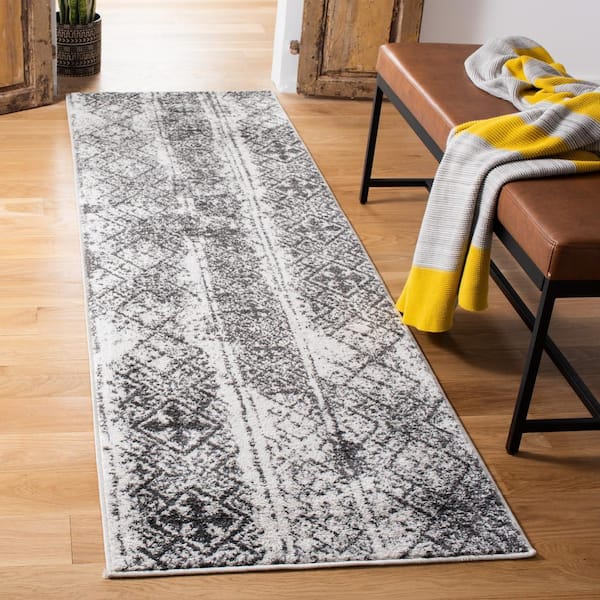 Adirondack 3 ft. x 14 ft. Silver/Black Border Striped Runner Rug