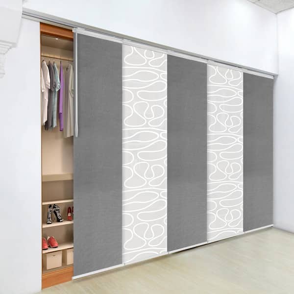 EMOH Storm Swirl 58 in. - 110 in. W x 94 in. L Adjustable 5- Panel Satin Nickel Single Rail Panel Track with 23.5 in. Slates