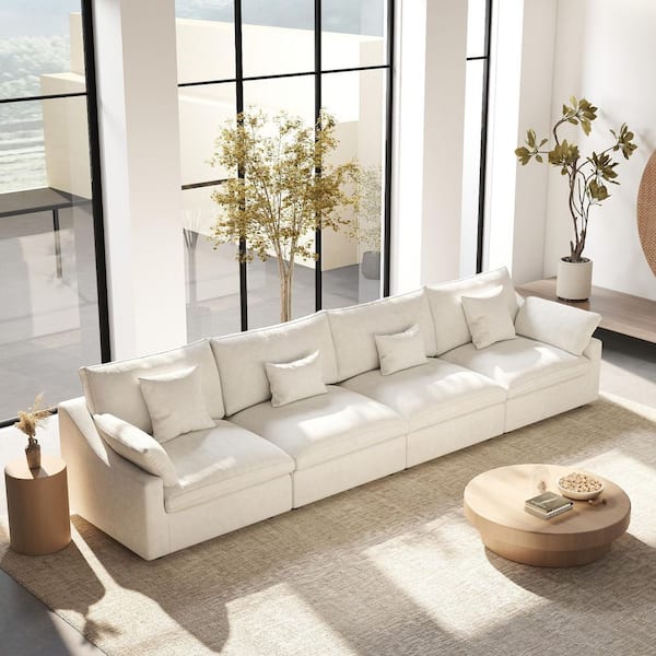 Magic Home 156 in. Square Arm Plush Linen 4-Piece Comfy Couch Deep Seat Cloud Modular Sectional Sofa with Washable Covers in. White