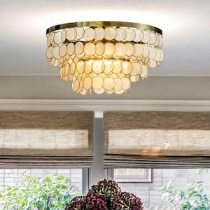 4-Light 18.5 in. Round Coastal Capiz Tiered Flush Mount Ceiling Light With Antique Gold Metal And Natural Seashell